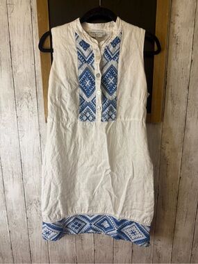 Harris Cotton Embroidered A-Line Linen Dress White Blue Pattern Small